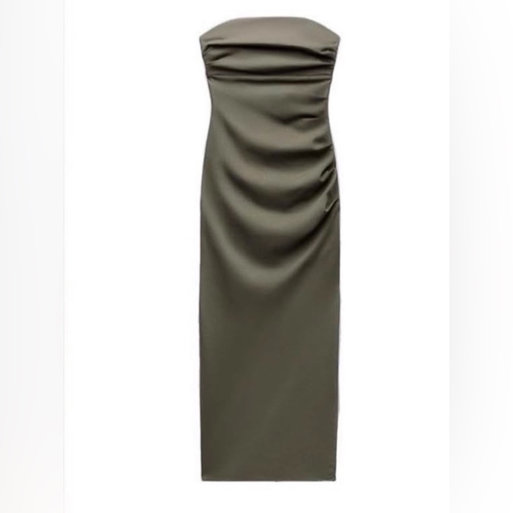 Olive green strapless maxi dress, Zara, XS.